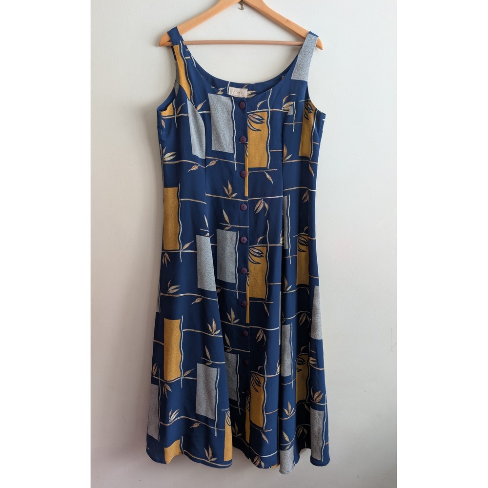 Voir Collection Geometric‎ Bamboo Print Sleeveless Button Front Midi Dress M VTG